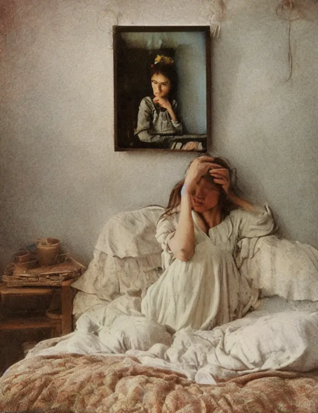 Image similar to peasant girl in a morning in country house sitting on a bed, cottage core, polaroid photo bleached vintage pastel colors high - key lighting, soft lights, foggy, by steve hanks, by lisa yuskavage, by serov valentin, by tarkovsky, detailed, oil on canvas