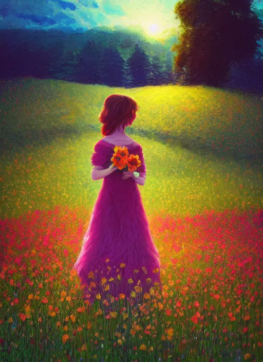 Image similar to girl with giant flower as a face and flower dress, standing in a flower field hills, big trees, sunrise dramatic light, impressionist painting, colorful clouds, digital painting, pointillism, artstation, simon stalenhag