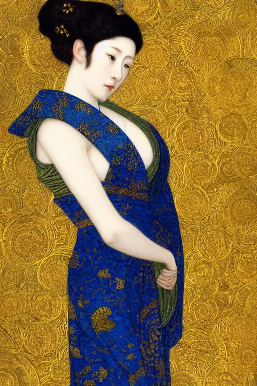 Image similar to Portrait of a Beautiful Japanese female, sad green eyes, pale skin, elegant, jewellery, digital painting, Pre-Raphaelites, highly detailed, concept art, smooth, sharp focus, gold and indigo, illustration, art by Klimt .