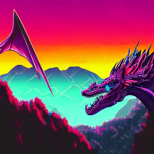 Image similar to aesthetic synthwave dragon on a mountain between the clouds