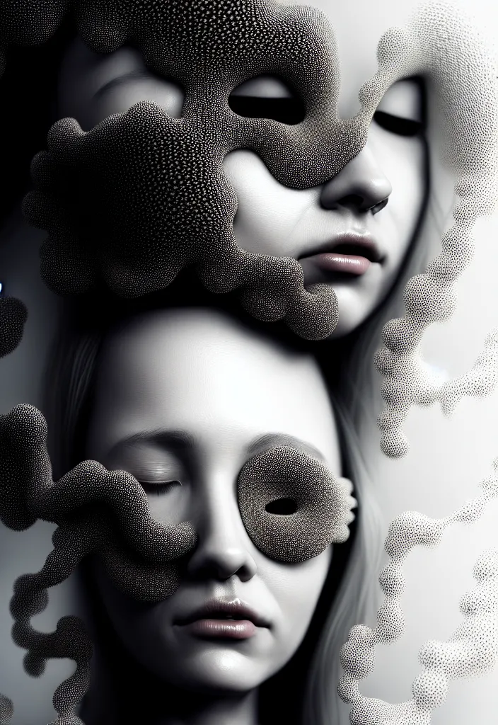 Image similar to one young beautiful woman with eyes closed, with a mandelbulb mask. fractal, speed painting, scribble art, octane render, portrait. behance, artstation, black and white. intricate detail, beautiful, moody, cinematic. futurism, Unreal Engine, photorealistic.