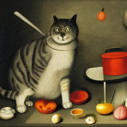 Image similar to the cat cooks soup, stirring a pot with a ladle and cutting vegetables, oil painting, drawn by Bosch