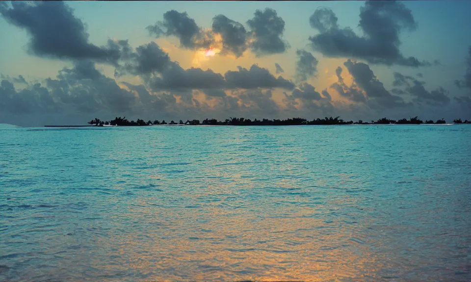 Prompt: 35mm film still, morning light over an island in the maldives, color palette of gold