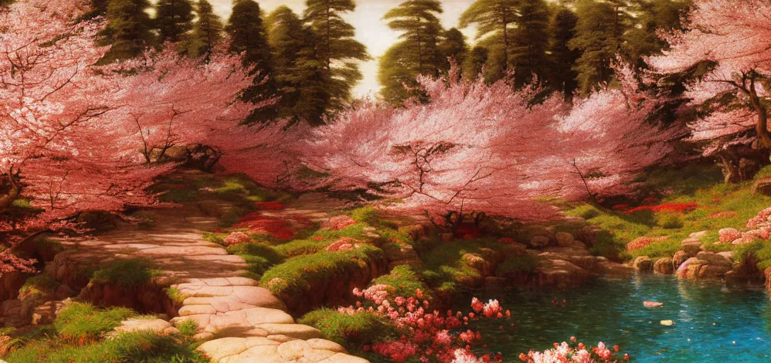 Image similar to ghibli illustrated background of a trail leading through a strikingly beautiful landform with strange rock formations and pools of red water, and cherry blossoms by vasily polenov, eugene von guerard, ivan shishkin, albert edelfelt, john singer sargent, albert bierstadt 4 k