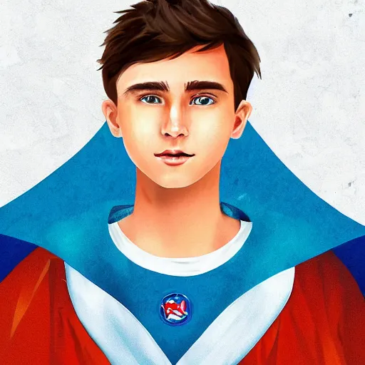 Prompt: 15 year old hero with a scar, a blue cape, standing atop a mountain in the Rockies, digital art, portrait