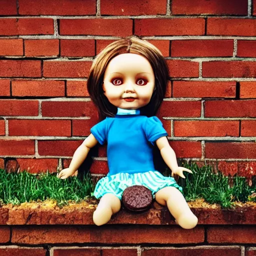 Prompt: plastic doll with giant realistic hands eating a cookie sitting on brick wall, garden background, sky, photo, hd