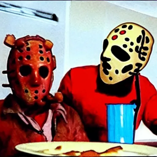 Prompt: Jason voorhees eating pancakes with Freddy Krueger