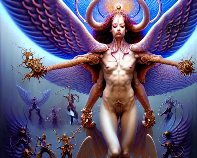 Prompt: the angel of transcendence surrounded by an army of demons, fantasy character portrait made of fractals facing each other, ultra realistic, wide angle, intricate details, the fifth element artifacts, highly detailed by peter mohrbacher, hajime sorayama, wayne barlowe, boris vallejo, aaron horkey, gaston bussiere, craig mullins