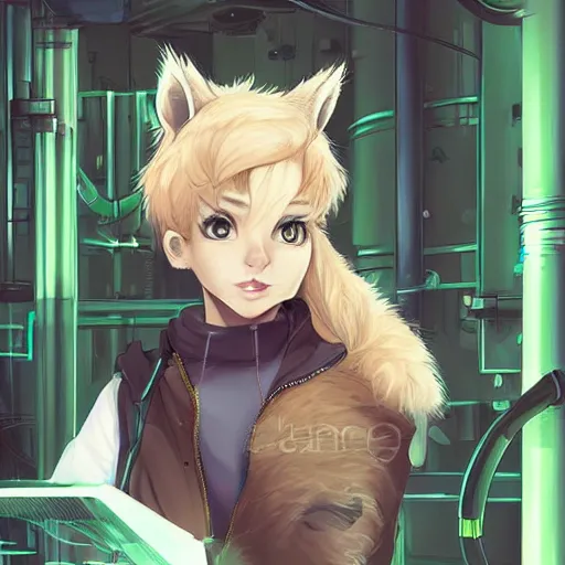 Image similar to beautiful portrait commission of a cute female furry anthro Canadian Lynx fursona casual clothes in a futuristic mechanical laboratory. blonde hair. Green Eyes. character design by charlie bowater, ross tran, artgerm, and makoto shinkai, detailed, inked, western comic book art