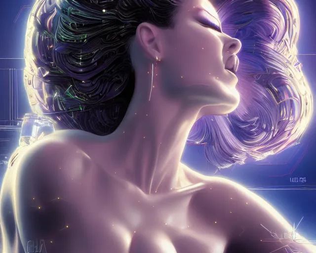 Prompt: beauty woman made of small cubes and lasers, very detailed, dramatic lighting, mechanical details, electrical details, high details, 4k, 8k, trending on artstation, by Hajime Sorayama and Boris Vallejo