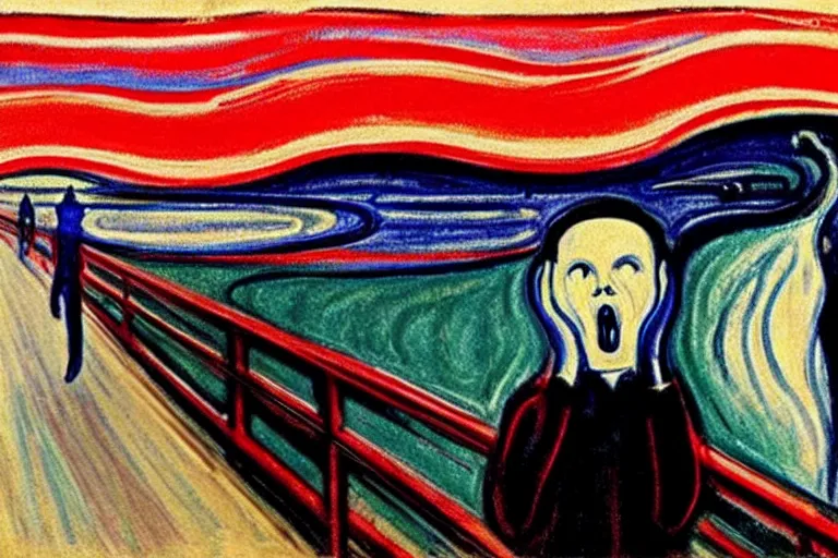 Prompt: Edvard Munch's 'kanye west in the style of the scream', painting, expressionism, (((music notes))), (((((kanye west)))))