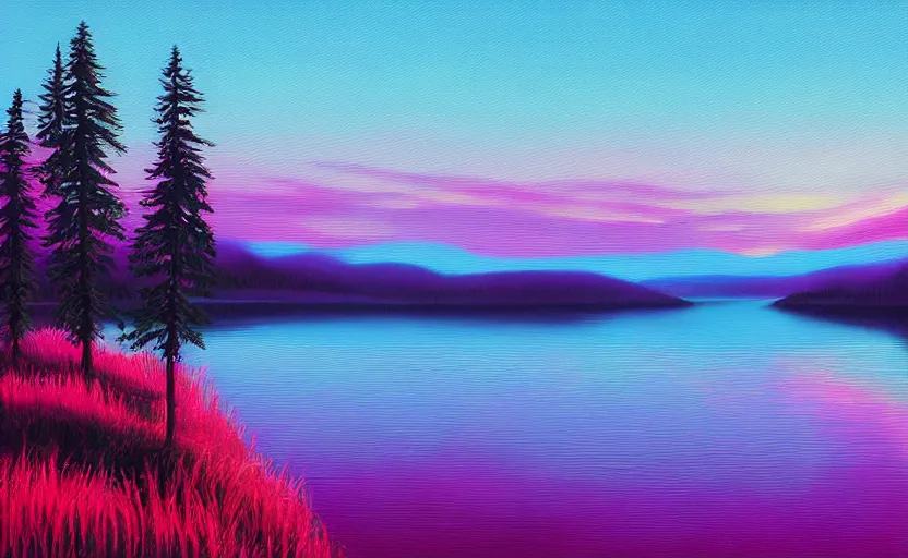 Image similar to beautiful award winning synthwave painting of a canadian lake, extreme detail, digital art, 4 k, ultra hd