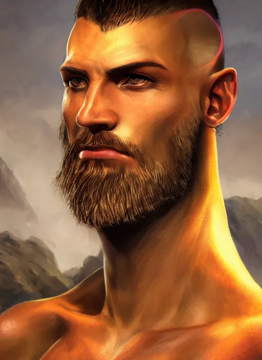 Image similar to buzzcut hair stubble male, aphelios draven, dndbeyond, bright, realistic, dnd character portrait, full body, art by ralph horsley, dnd, rpg, lotr game design fanart by concept art, behance hd, artstation, deviantart, global illumination radiating a glowing aura global illumination ray tracing hdr render in unreal engine 5