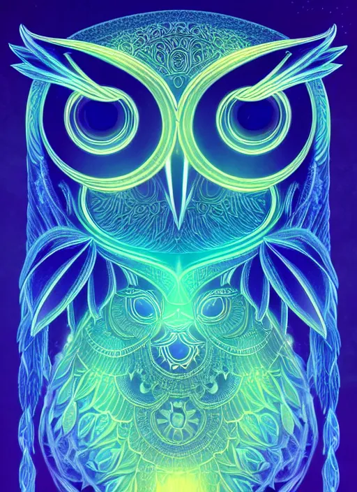 Image similar to symmetry!! product render poster vivid colors divine proportion owl, 神 圣, glowing fog intricate, elegant, highly detailed, digital painting, artstation, concept art, smooth, sharp focus, illustration,