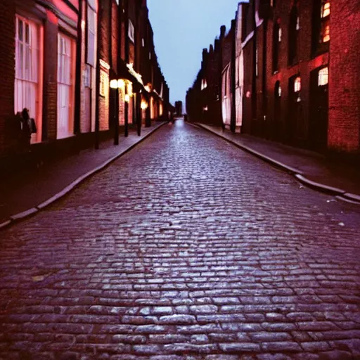 Prompt: photo, london cobblestone street at night, 5 0 mm f / 1. 4, cinestill 8 0 0,