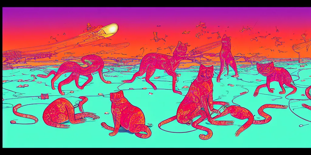 Prompt: risograph of electric cats that fly over ice, a lot of tv screens around, shrimps are all over the ground, acid and dreaming psychedelic hallucinations, by moebius, colorful surreal design, hd, 8 k, artstation