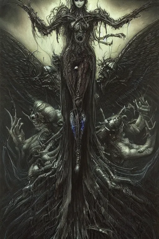 Image similar to life and death mixing, demonic wings, fireflies, hyperdetailed, 4 k, trending on artstation, dark and gloomy, demonic, cinematic, artgerm, h. r. giger, francis bacon, gustave moreau, luis royo