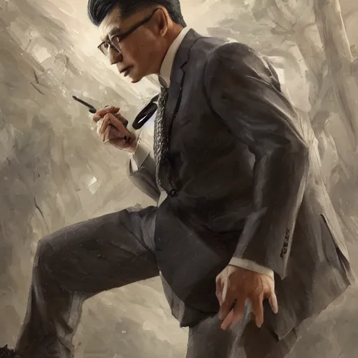 Image similar to dynamic composition, motion, ultra-detailed, incredibly detailed, a lot of details, amazing fine details and brush strokes, colorful and grayish palette, smooth, HD semirealistic anime CG concept art digital painting, watercolor oil painting of a man in suit, by a Chinese artist at ArtStation, by Huang Guangjian, Fenghua Zhong, Ruan Jia, Xin Jin and Wei Chang. Realistic artwork of a Chinese videogame, gradients, gentle an harmonic grayish colors.