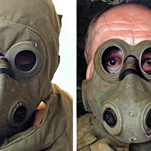 Image similar to russian soldier in gas masks found the last alive ukrainian after a nuclear war, skin damaged by, nuclear fallout everywhere