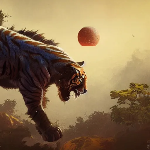 Prompt: professional digital art of a space tiger with tiny planets orbiting it, high quality, hd, fantasy, sci - fi, greg rutkowski, stylized, hd