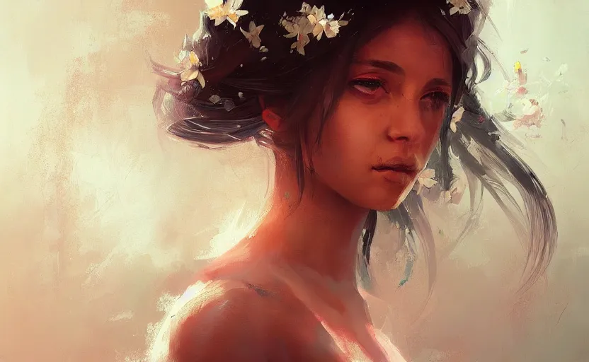 Image similar to a painting of jasmine trending on artstation in the style of greg rutkowski, beautiful, sensual, flower, portrait