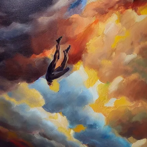 Prompt: expressive oil painting of a man falling form the sky with clouds, view from top looking down,