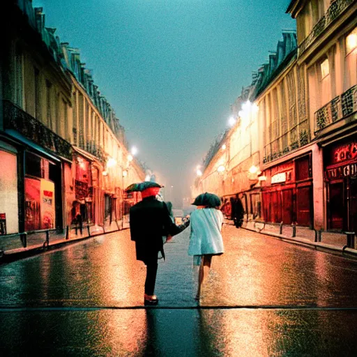 Image similar to street of paris photography, night, rain, mist, lovers holding hands, cinestill 8 0 0 t, in the style of william eggleston