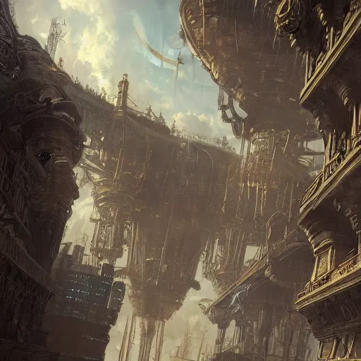 Image similar to enormous flying city in a faberge egg, sky, steampunk, fantasy art, masterpiece, hugh ferriss, unreal engine, andreas achenbach cloudy background, latticework