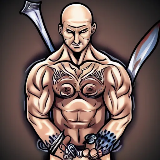 Image similar to muscular bald man, tattooed body, sword in hands, HD, anime style,