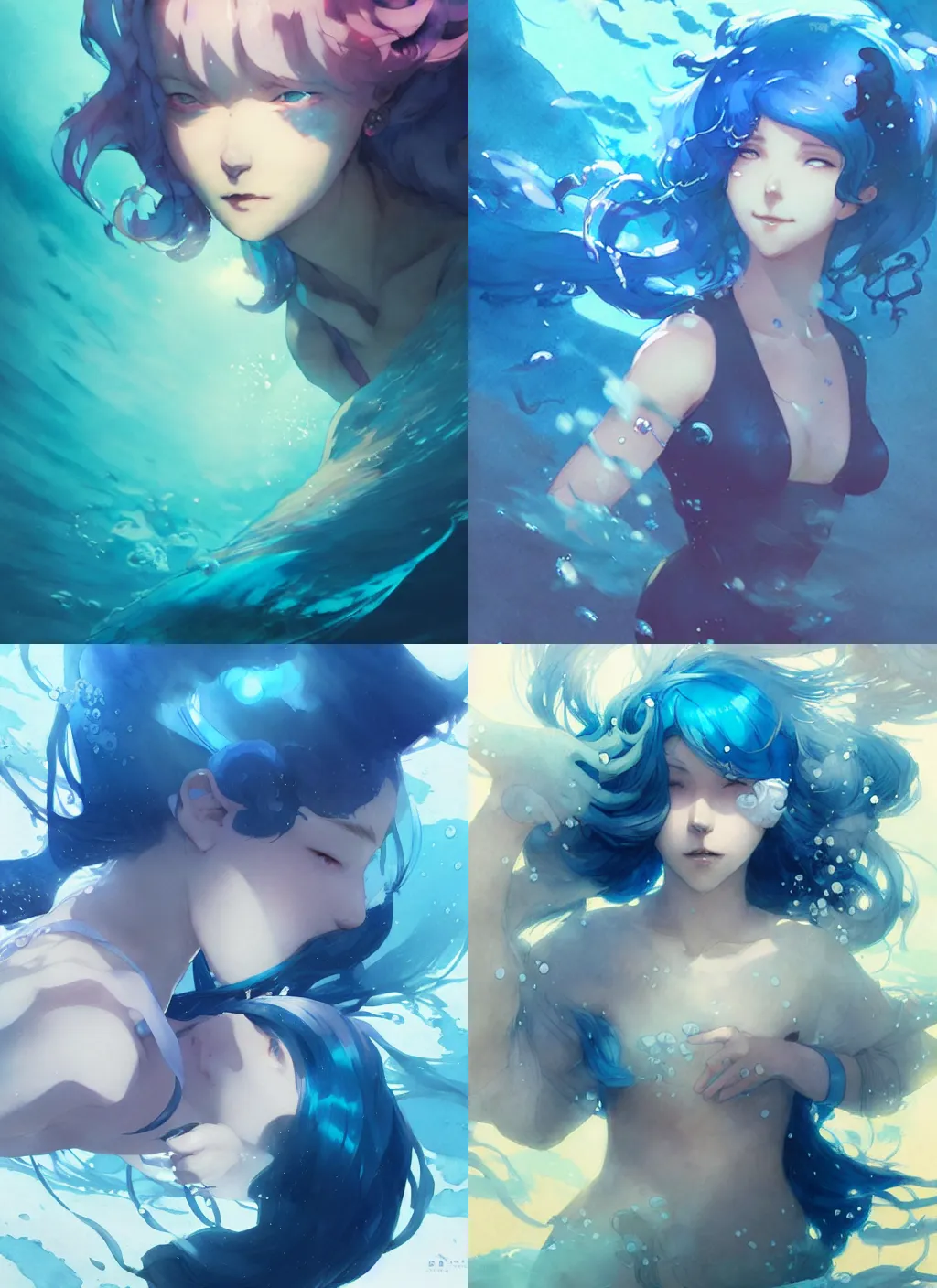 Prompt: portrait of a girl with blue hair diving under the sea, illustration, top lighting, perfect shadow, leaning towards watercolor, art by hidari and krenz cushart and wenjun lin