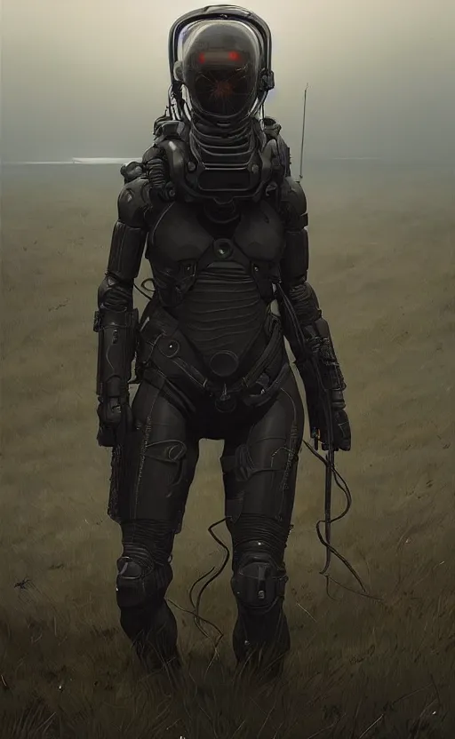 Image similar to death stranding landscape, anatomically correct human female figure wearing tactical gear in field facing forward, cinematic lighting, dark shadows, hyper detailed, digital painting by greg rutkowski and simon stalenhag, artstation, cgsociety, intricate, concept art