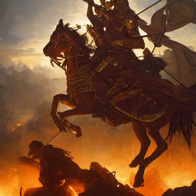 Image similar to battle of kings, medieval war, fire and dust and golden armor, action, dramatic lighting, intricate, wild, highly detailed, digital painting, artstation, concept art, smooth, sharp focus, illustration, art by artgerm and greg rutkowski and alphonse mucha