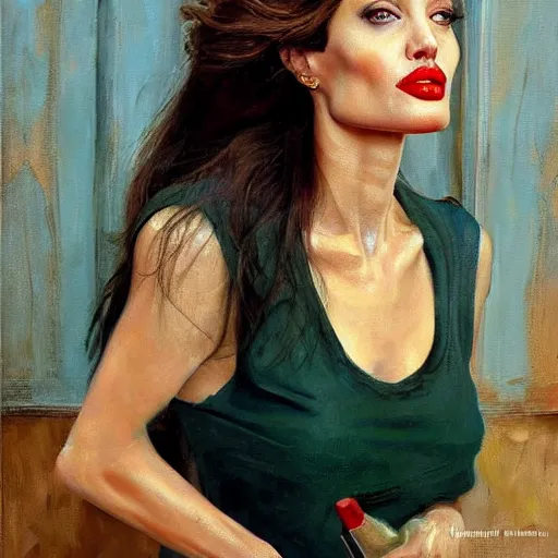 Prompt: oil painting of angelina jolie as housepainter by alexander nikolayevich samokhvalov ну или norman percevel rockwell from 1 9 3 0 s