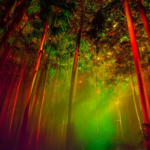 Prompt: a rainforest clearing at night softly lit by multicolored lights, dim lighting, leaves in foreground, HD, 8k, high resolution, photo, surreal, album art