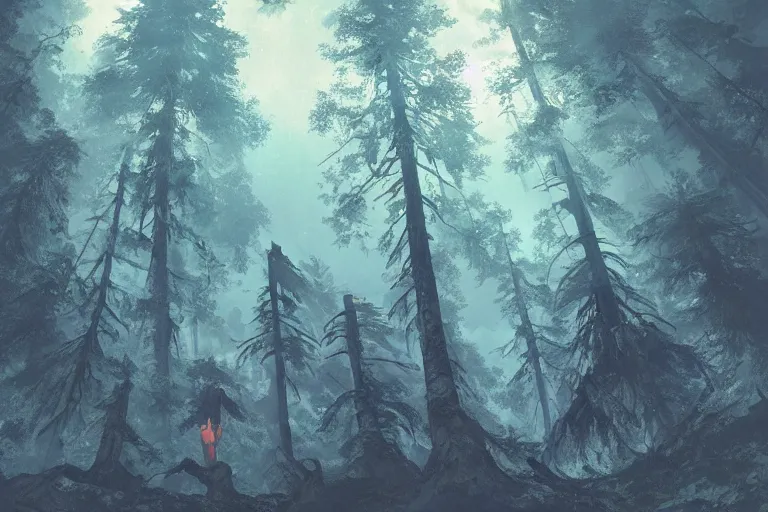 Image similar to huge red giant japanese fishes are flying along the tall trees of a deep Bavarian forest at night. Looking up view, dramatic perspective.misty, mood. y art by Akihiko Yoshida and Greg Rutkowski and Craig Mullins and Alphonse Mucha and Moebious and Roger Deakins