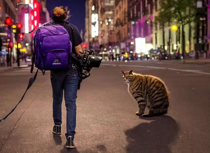 Image similar to photography of a Cat being carried in a backpack . in a new york street. award winning photo, led lighting, night, 130mm, sharp, high res