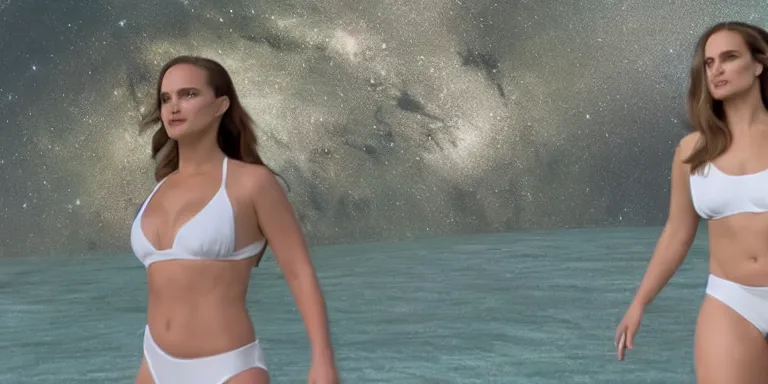 Image similar to film still of curvy natalie portman, focus on facial - detail!!!!!!, walking on an invisible bridge, similar to the bifrost, toward an endless abyss in space, wearing a white flowy bikini inspired by ancient roman clothing, beautiful astronomical background with galaxies and nebulas, lack of sunlight, 8 k resolution, cinematic lighting, anatomically correct, by christopher nolan