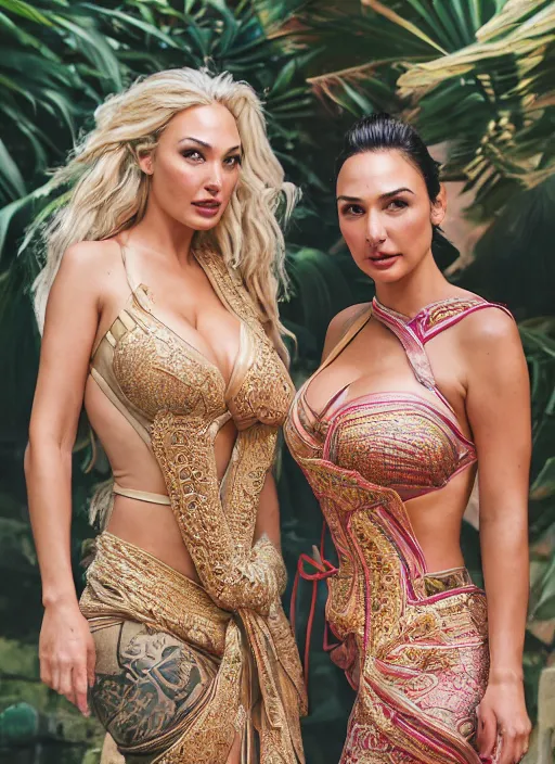 Image similar to portrait of lindsey pelas and gal gadot wearing kebaya in balinese temple, by charlotte grimm, natural light, detailed face, beautiful features, symmetrical, canon eos c 3 0 0, ƒ 1. 8, 3 5 mm, 8 k, medium - format print, half body shot