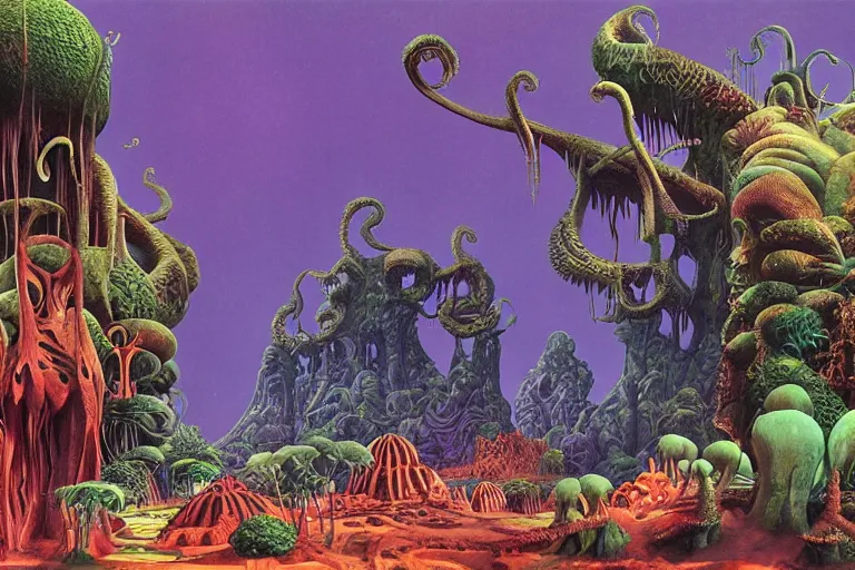 Image similar to lovecraftian jungles, another world by Roger Dean