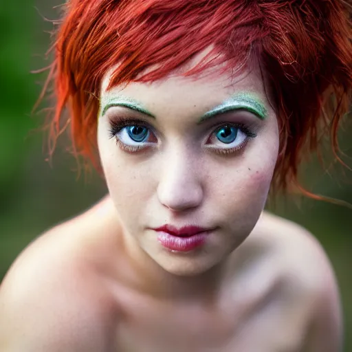 Prompt: girl in her early 20s in a forest nymph costume, short colored hair, cosplay, naturist, portrait photography, digital, photoshop, Helios 44-2, high definition, award winning, 4K UHD