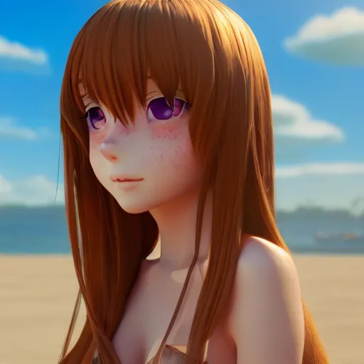 Image similar to Render of a very beautiful 3d anime girl, long hair, hazel eyes, cute freckles, full round face, cat ears, short smile, cute sundress, golden hour, serene beach setting, medium shot, mid-shot, highly detailed, trending on Artstation, Unreal Engine 4k