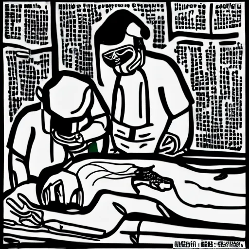 Image similar to chinese surgeons operating on a body on an operating table, in the style of daniel johnston and outsider art, 8k, line brush, minimal, overlaid with chinese adverts