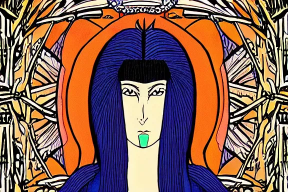 Prompt: the high priestess, animation cel, forest background, detailed, symmetrical face