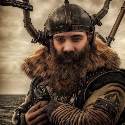 Image similar to dieselpunk viking, highly detailed, 4k, HDR, smooth, sharp focus, hyper realistic, high resolution