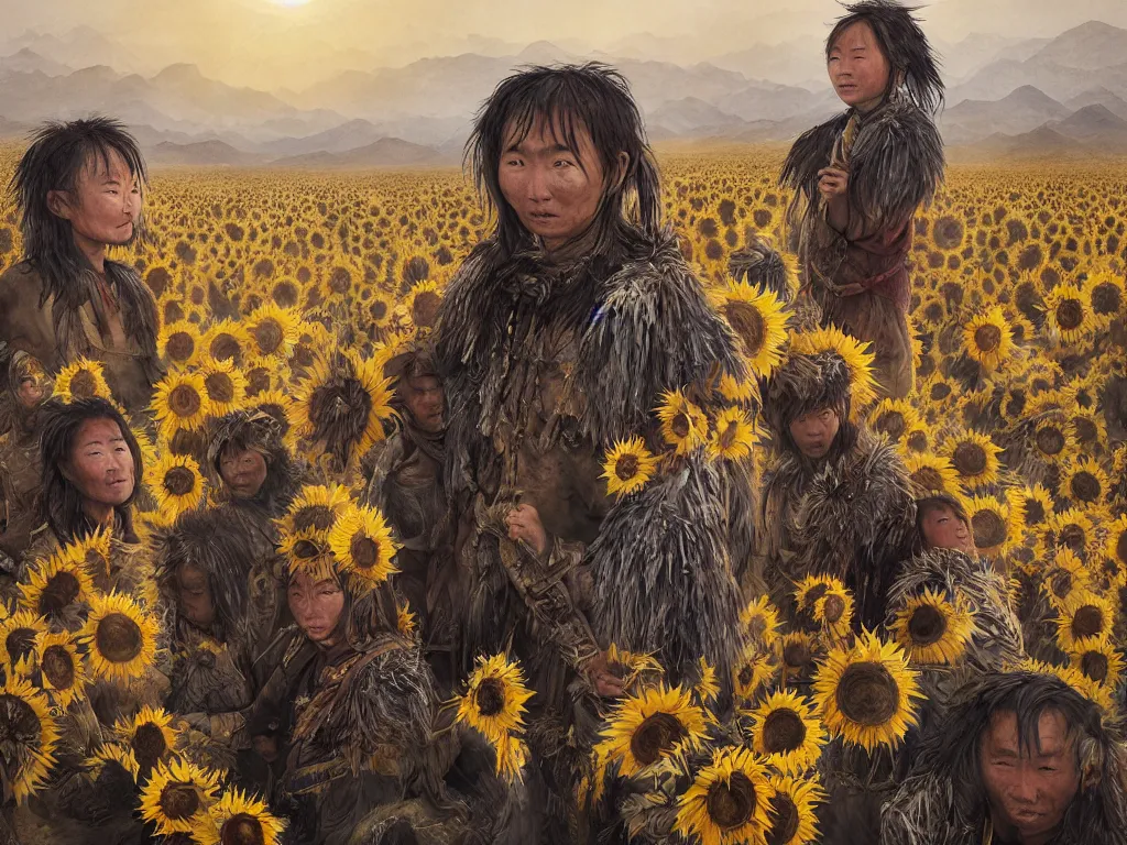 Image similar to a portrait of the mighty sunflower people, a nomadic mongolian tribe that follows the sun in a vast barren valley full of withered helianthus, and build huts using dry roots, by Greg Rutkowski, Sung Choi, Mitchell Mohrhauser, Maciej Kuciara, Johnson Ting, Maxim Verehin, Peter Konig, Bloodborne, macro lens, 35mm, 8k photorealistic, cinematic lighting, HD, high details, atmospheric