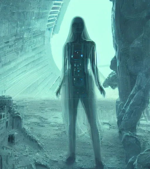 Prompt: tarkovsky greatest scene, tower of babylon destroyed, ethereal, ancient, majestic woman in a futuristic cyber clothing, transparent puffer jacket, hyperrealistic, blockchain, cyber world, ambient lighting, concept art, intricate sky, hyper - detailed, smooth, dynamic volumetric lighting, octane, ray tracing, cinematic, high quality, cgsociety