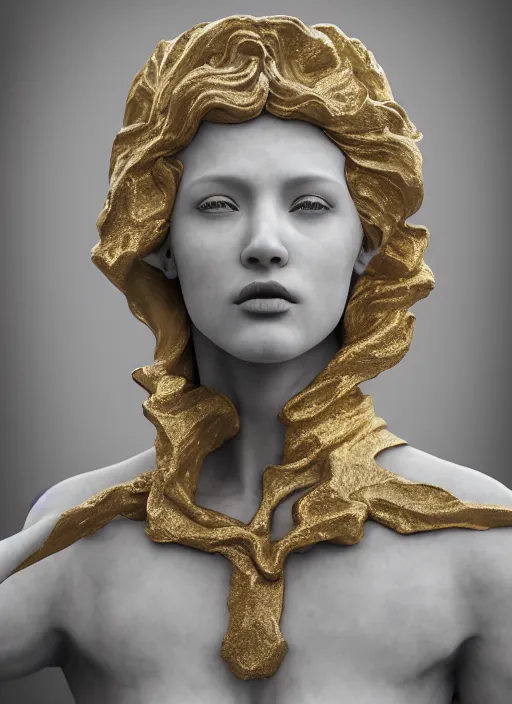 Image similar to a statue made of white marble with gold veins, of an beautiful gorgeous angel girl, full body shot, perfect symmetrical body, perfect symmetrical face, no eyes, hyper realistic, hyper detailed, fujicolor superia 1 6 0 0 photo, by johannen voss, by peter kemp, by monia merlo, by michelangelo octane render, blender, 8 k