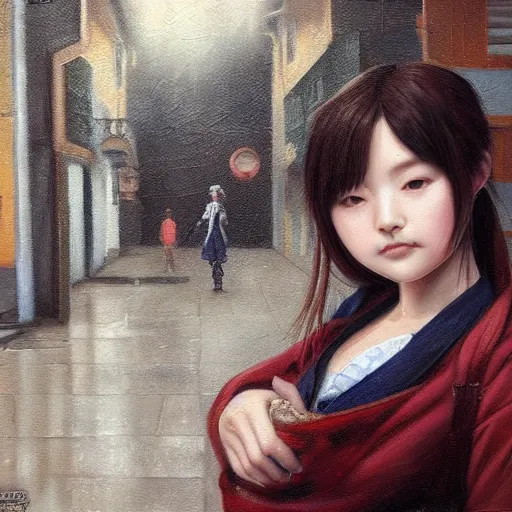 Prompt: a perfect, realistic professional oil painting in rococo style, of a Japanese schoolgirl posing in a dystopian alleyway, close-up, by a professional American senior artist on ArtStation, a high-quality hollywood-style concept