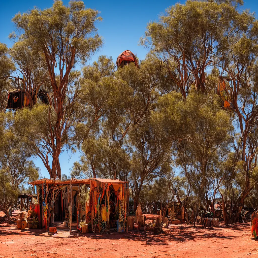 Prompt: psytrance utopia village in the australian outback, XF IQ4, 150MP, 50mm, F1.4, ISO 200, 1/160s, natural light
