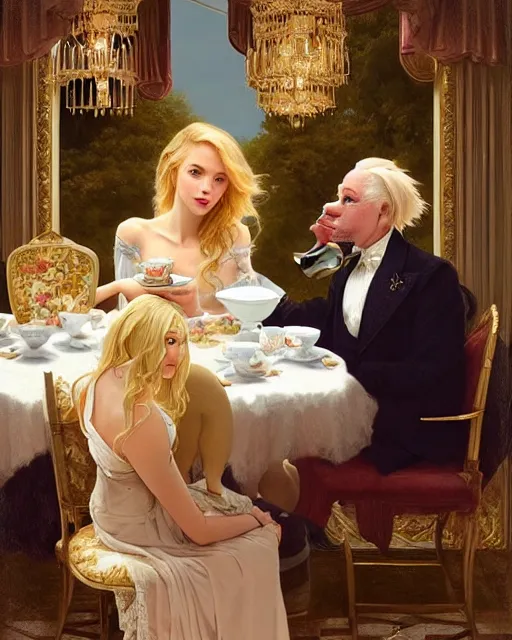 Image similar to Portrait of a blonde lady & a mallard & a pig having tea at the Ritz, real life skin, intricate, elegant, highly detailed, artstation, concept art, smooth, sharp focus, art by artgerm and greg rutkowski and alphonse mucha